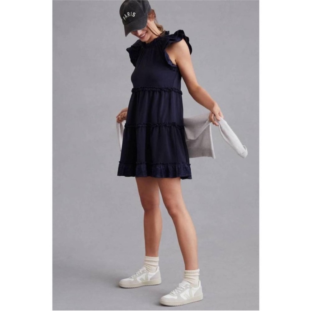 Anthropologie Sundays Harlow Eyelet Lace Ruffle Dress Medium Navy Blue